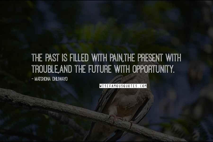 Matshona Dhliwayo Quotes: The past is filled with pain,the present with trouble,and the future with opportunity.