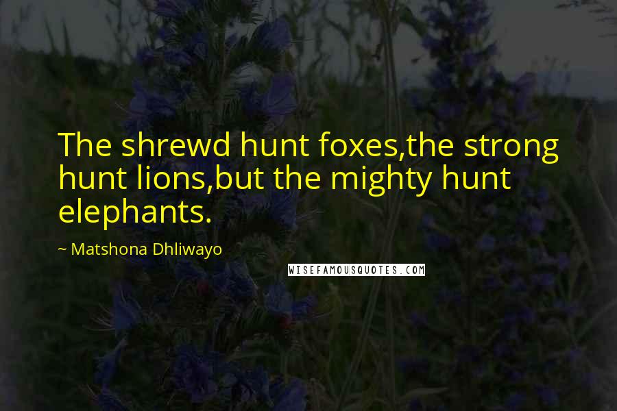 Matshona Dhliwayo Quotes: The shrewd hunt foxes,the strong hunt lions,but the mighty hunt elephants.