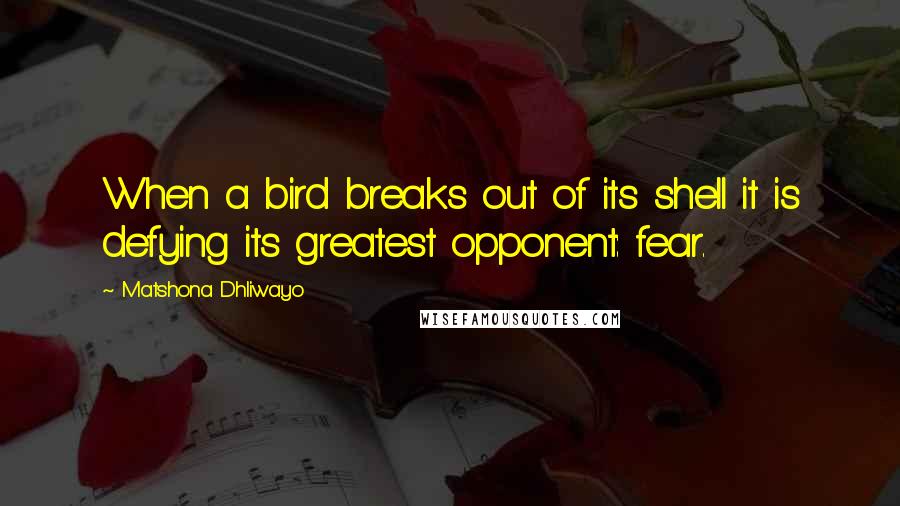 Matshona Dhliwayo Quotes: When a bird breaks out of its shell it is defying its greatest opponent: fear.
