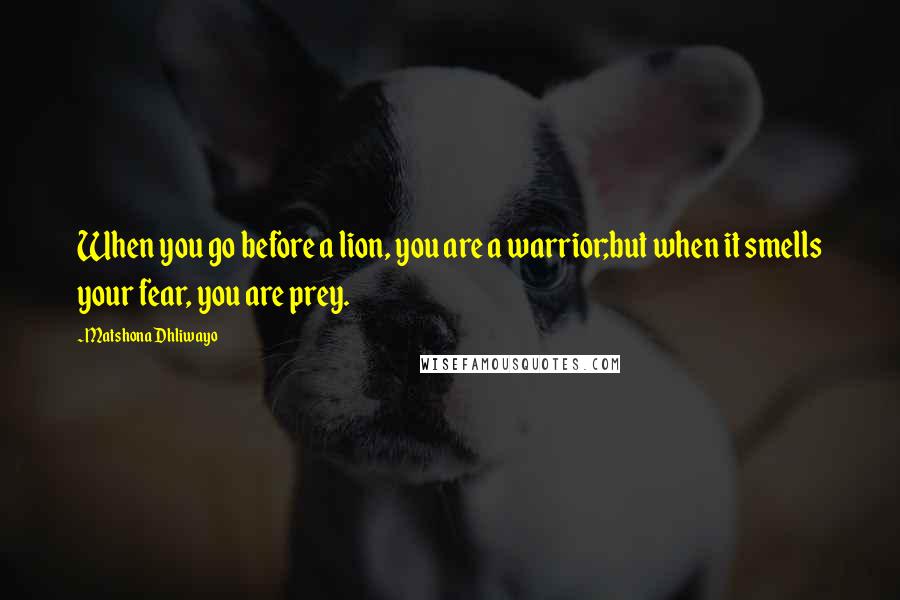 Matshona Dhliwayo Quotes: When you go before a lion, you are a warrior;but when it smells your fear, you are prey.