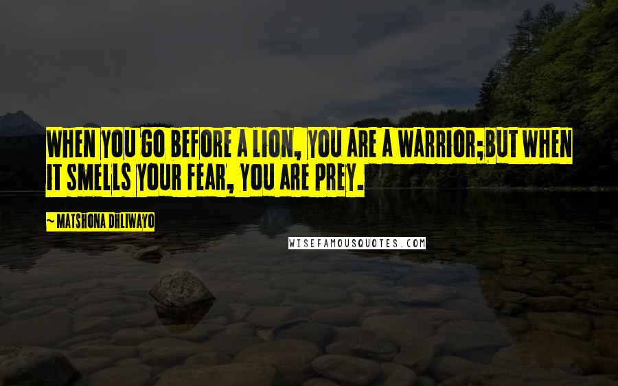 Matshona Dhliwayo Quotes: When you go before a lion, you are a warrior;but when it smells your fear, you are prey.
