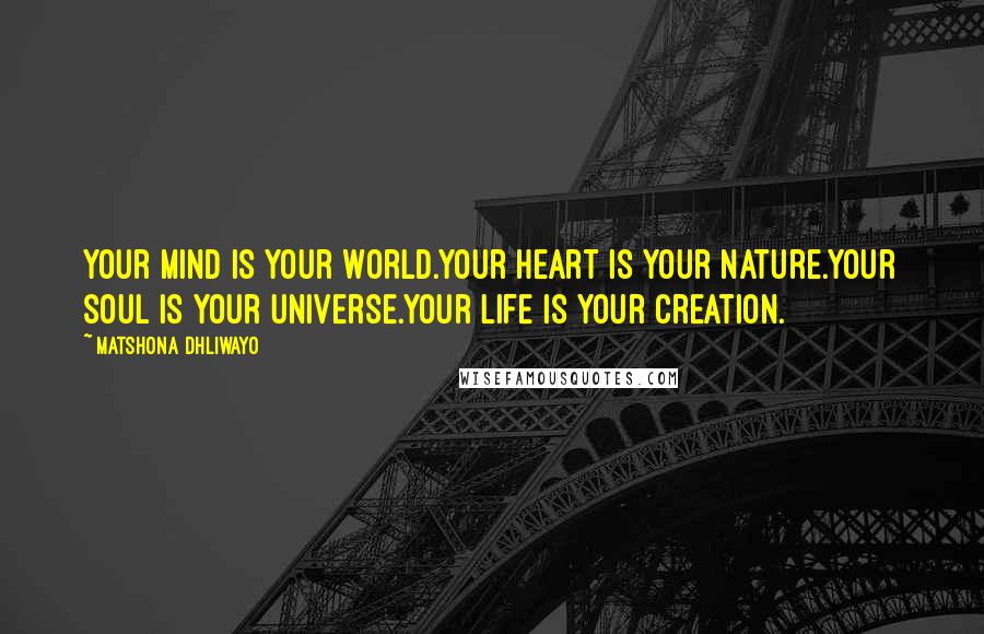 Matshona Dhliwayo Quotes: Your mind is your world.Your heart is your nature.Your soul is your universe.Your life is your creation.