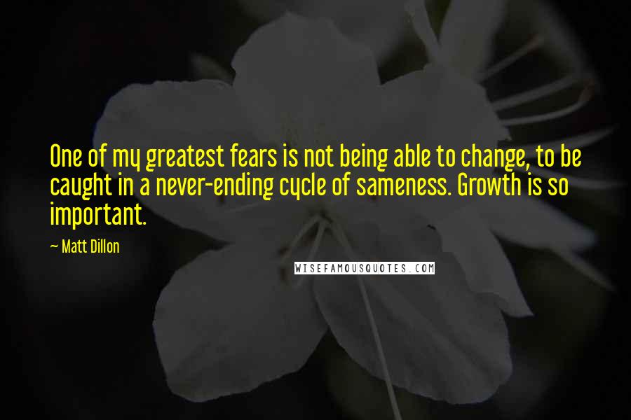 Matt Dillon Quotes: One of my greatest fears is not being able to change, to be caught in a never-ending cycle of sameness. Growth is so important.