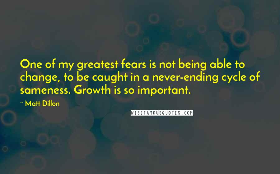 Matt Dillon Quotes: One of my greatest fears is not being able to change, to be caught in a never-ending cycle of sameness. Growth is so important.