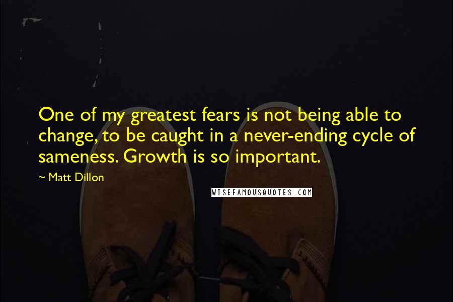 Matt Dillon Quotes: One of my greatest fears is not being able to change, to be caught in a never-ending cycle of sameness. Growth is so important.