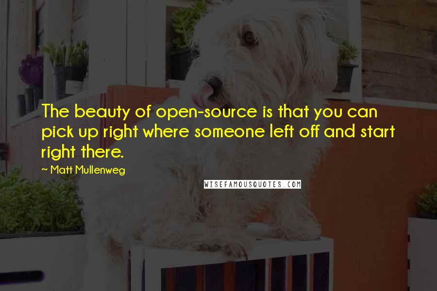 Matt Mullenweg Quotes: The beauty of open-source is that you can pick up right where someone left off and start right there.