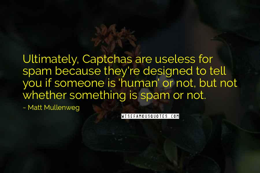 Matt Mullenweg Quotes: Ultimately, Captchas are useless for spam because they're designed to tell you if someone is 'human' or not, but not whether something is spam or not.