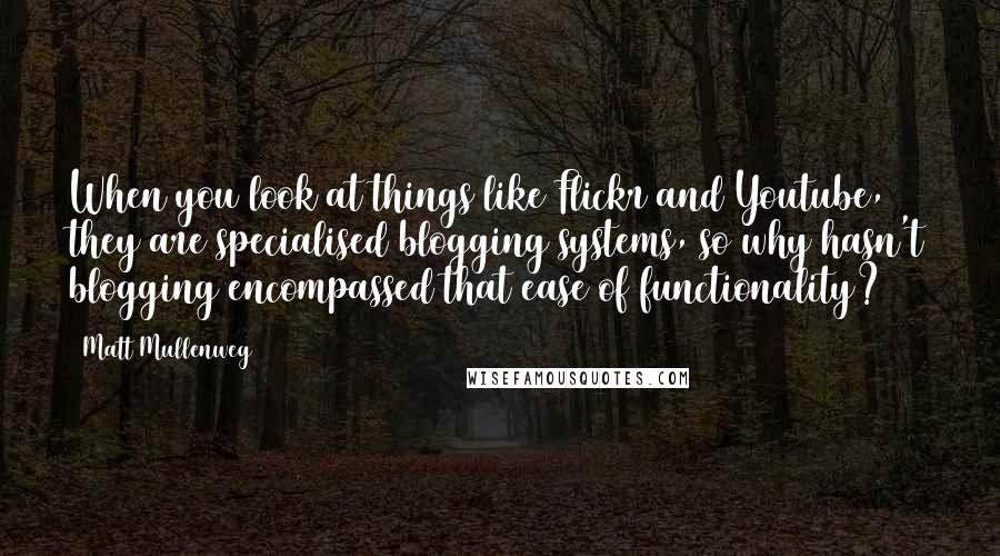 Matt Mullenweg Quotes: When you look at things like Flickr and Youtube, they are specialised blogging systems, so why hasn't blogging encompassed that ease of functionality?