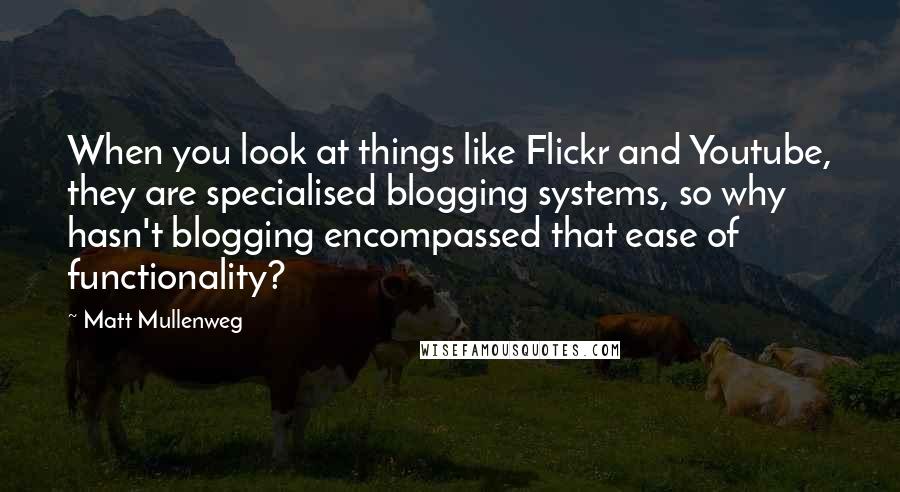 Matt Mullenweg Quotes: When you look at things like Flickr and Youtube, they are specialised blogging systems, so why hasn't blogging encompassed that ease of functionality?