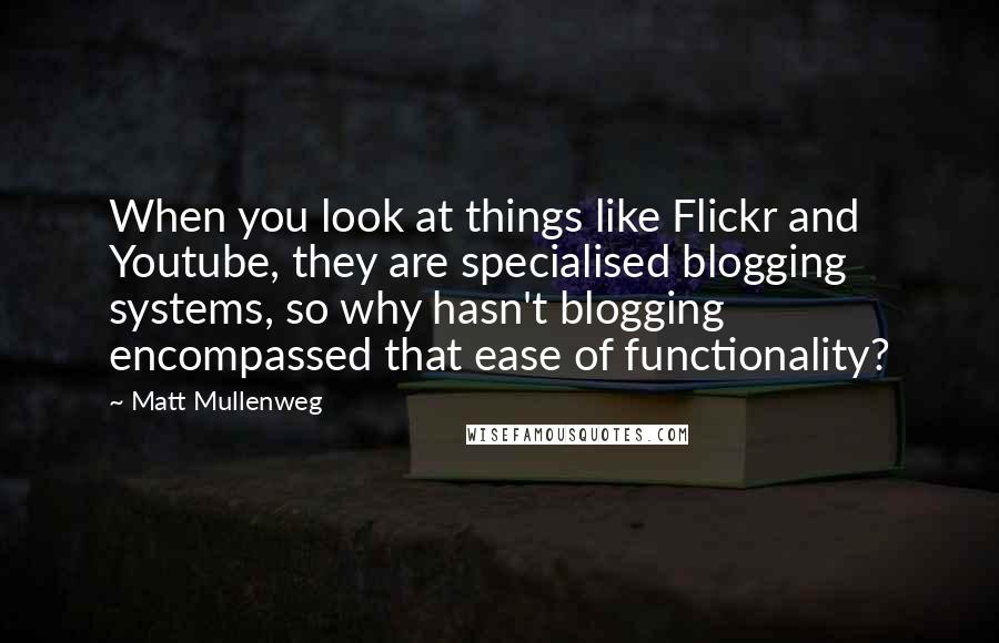 Matt Mullenweg Quotes: When you look at things like Flickr and Youtube, they are specialised blogging systems, so why hasn't blogging encompassed that ease of functionality?