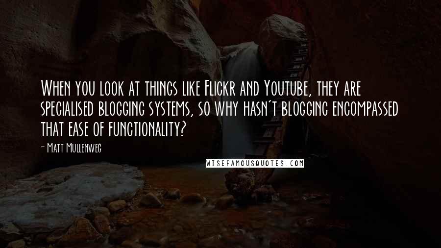 Matt Mullenweg Quotes: When you look at things like Flickr and Youtube, they are specialised blogging systems, so why hasn't blogging encompassed that ease of functionality?