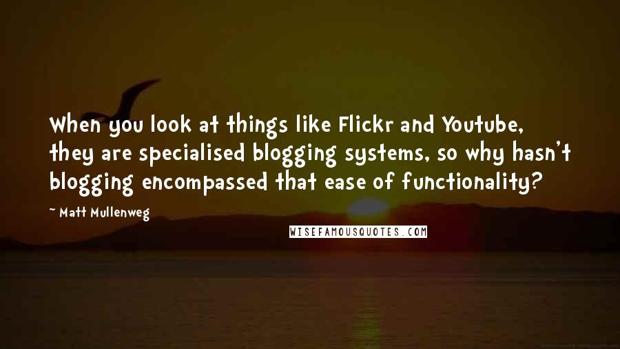 Matt Mullenweg Quotes: When you look at things like Flickr and Youtube, they are specialised blogging systems, so why hasn't blogging encompassed that ease of functionality?