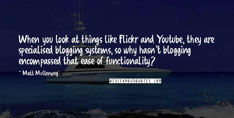 Matt Mullenweg Quotes: When you look at things like Flickr and Youtube, they are specialised blogging systems, so why hasn't blogging encompassed that ease of functionality?