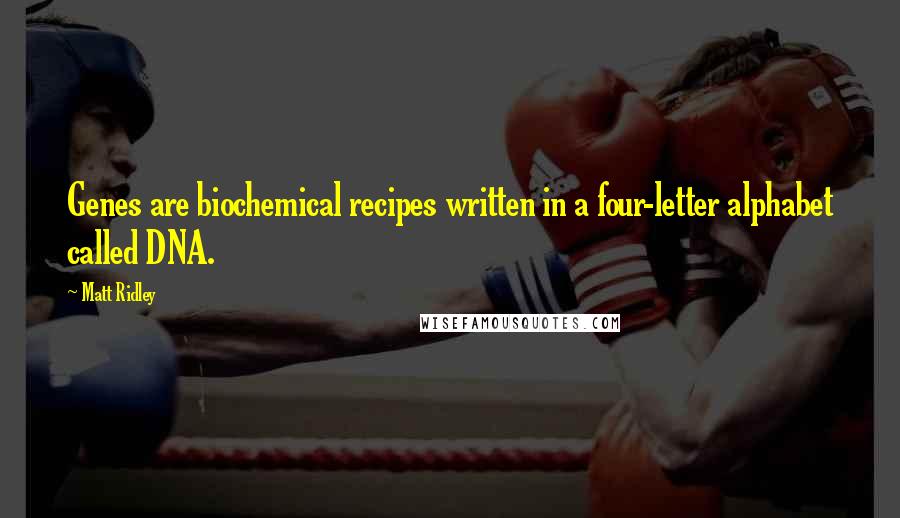 Matt Ridley Quotes: Genes are biochemical recipes written in a four-letter alphabet called DNA.