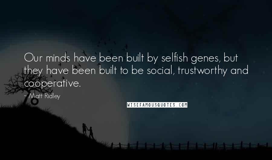 Matt Ridley Quotes: Our minds have been built by selfish genes, but they have been built to be social, trustworthy and cooperative.