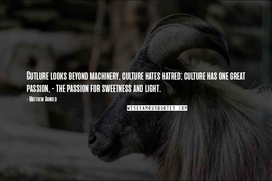 Matthew Arnold Quotes: Cutlure looks beyond machinery, culture hates hatred; culture has one great passion, - the passion for sweetness and light.