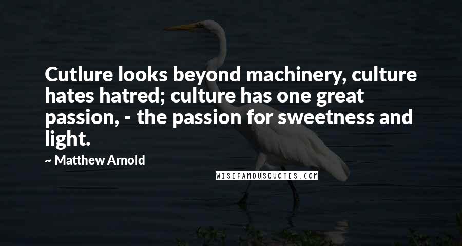 Matthew Arnold Quotes: Cutlure looks beyond machinery, culture hates hatred; culture has one great passion, - the passion for sweetness and light.