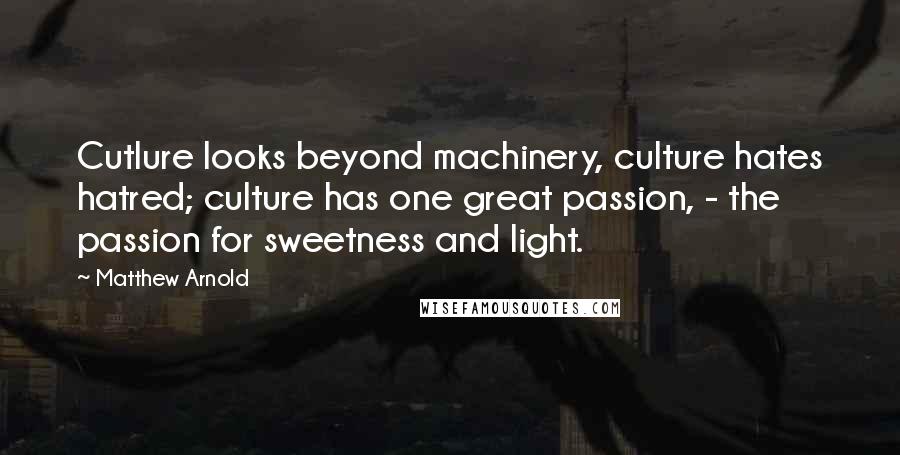 Matthew Arnold Quotes: Cutlure looks beyond machinery, culture hates hatred; culture has one great passion, - the passion for sweetness and light.