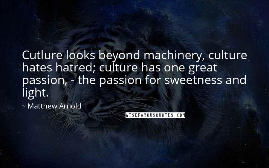 Matthew Arnold Quotes: Cutlure looks beyond machinery, culture hates hatred; culture has one great passion, - the passion for sweetness and light.