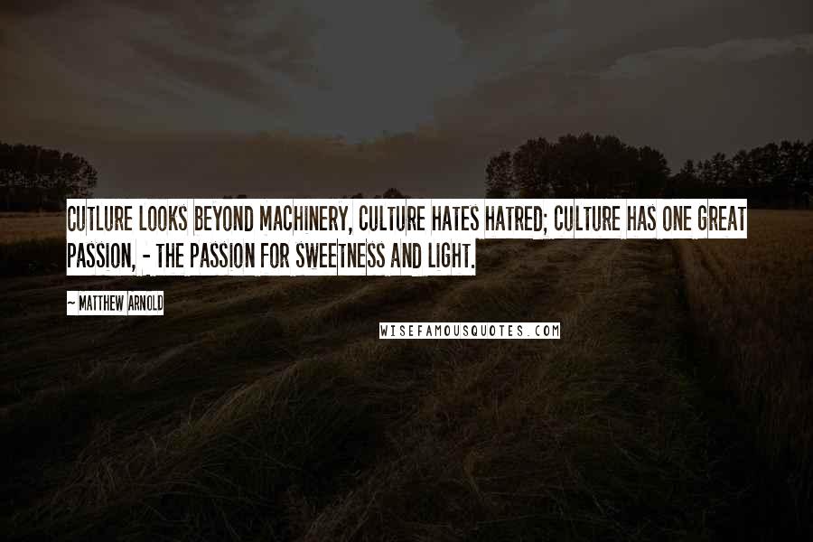 Matthew Arnold Quotes: Cutlure looks beyond machinery, culture hates hatred; culture has one great passion, - the passion for sweetness and light.