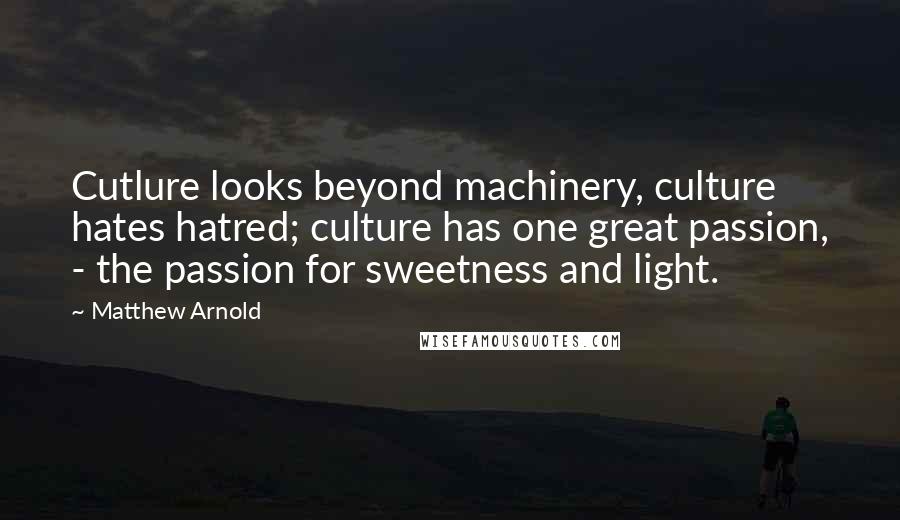 Matthew Arnold Quotes: Cutlure looks beyond machinery, culture hates hatred; culture has one great passion, - the passion for sweetness and light.