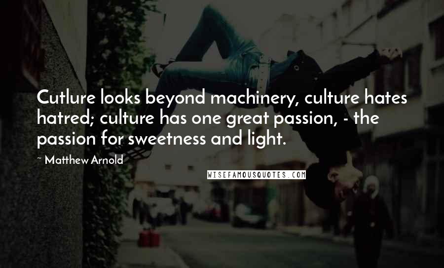 Matthew Arnold Quotes: Cutlure looks beyond machinery, culture hates hatred; culture has one great passion, - the passion for sweetness and light.