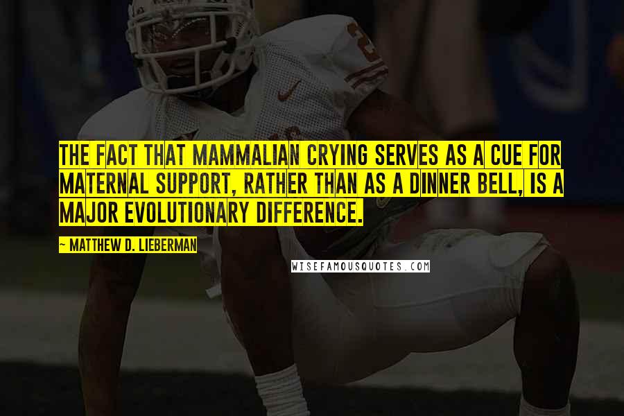 Matthew D. Lieberman Quotes: The fact that mammalian crying serves as a cue for maternal support, rather than as a dinner bell, is a major evolutionary difference.