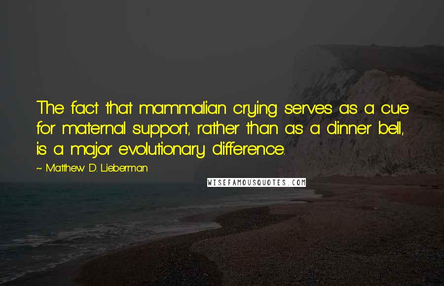 Matthew D. Lieberman Quotes: The fact that mammalian crying serves as a cue for maternal support, rather than as a dinner bell, is a major evolutionary difference.