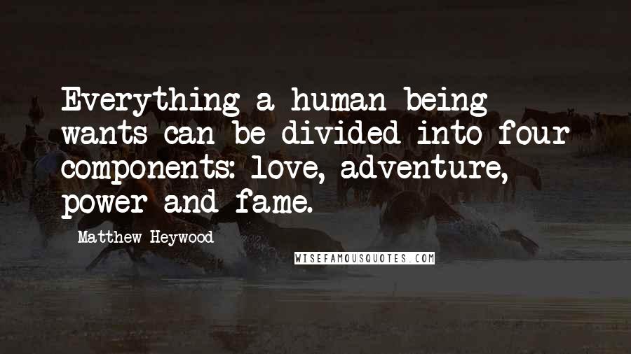 Matthew Heywood Quotes: Everything a human being wants can be divided into four components: love, adventure, power and fame.