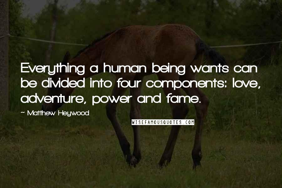 Matthew Heywood Quotes: Everything a human being wants can be divided into four components: love, adventure, power and fame.