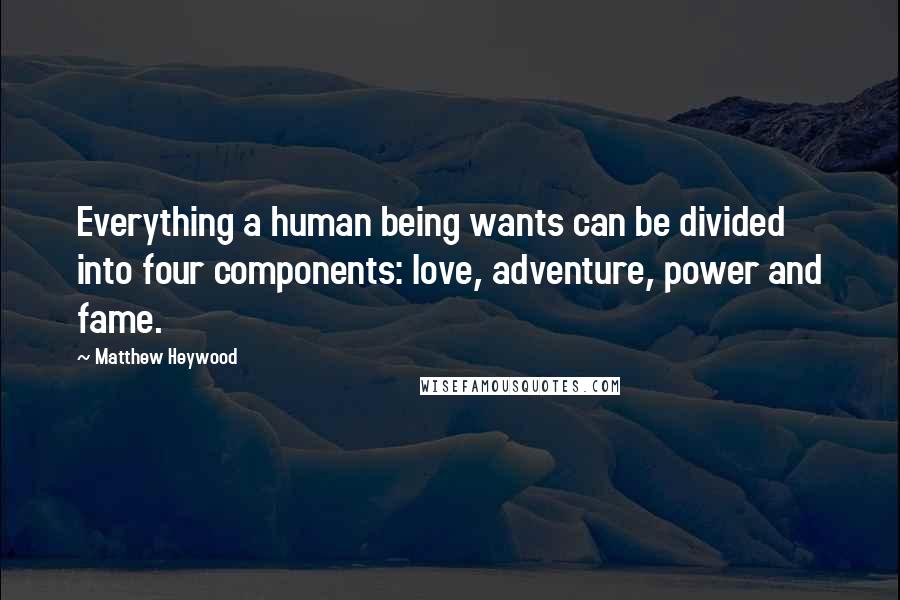 Matthew Heywood Quotes: Everything a human being wants can be divided into four components: love, adventure, power and fame.