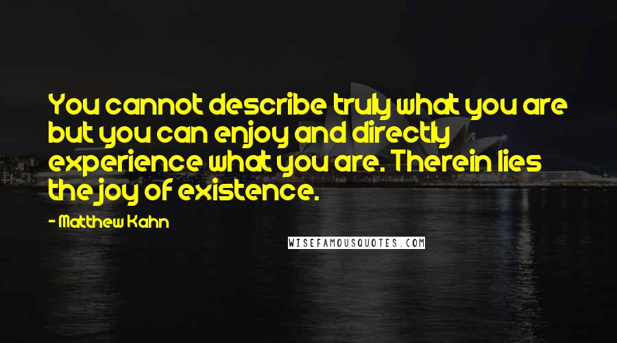 Matthew Kahn Quotes: You cannot describe truly what you are but you can enjoy and directly experience what you are. Therein lies the joy of existence.