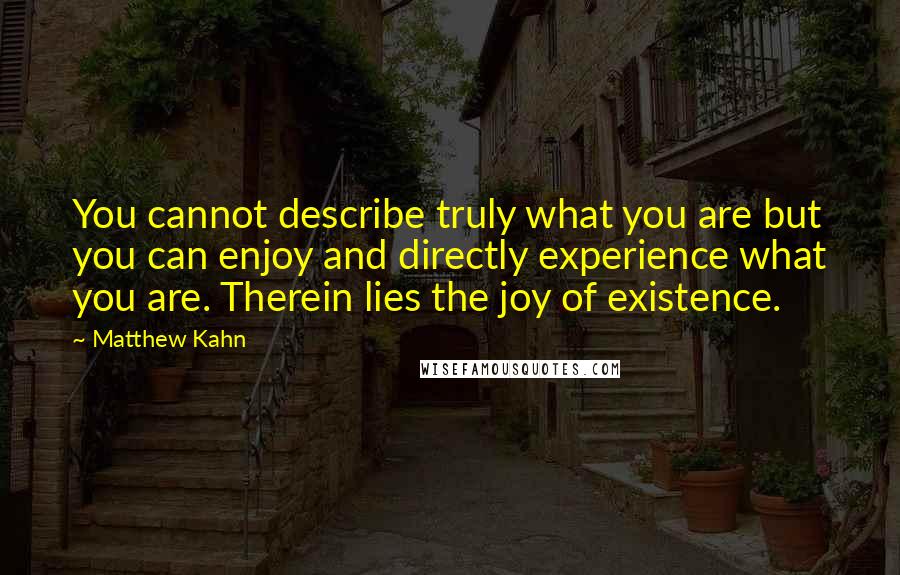 Matthew Kahn Quotes: You cannot describe truly what you are but you can enjoy and directly experience what you are. Therein lies the joy of existence.