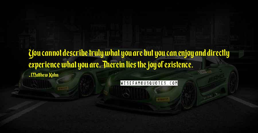 Matthew Kahn Quotes: You cannot describe truly what you are but you can enjoy and directly experience what you are. Therein lies the joy of existence.