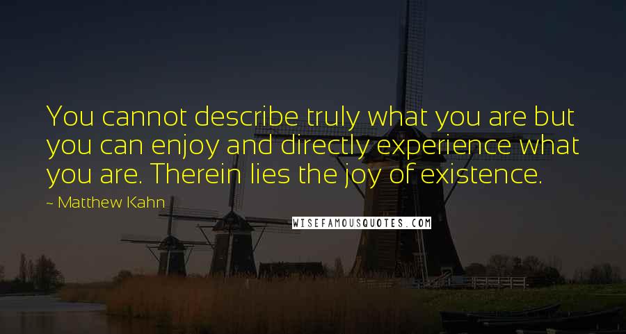 Matthew Kahn Quotes: You cannot describe truly what you are but you can enjoy and directly experience what you are. Therein lies the joy of existence.