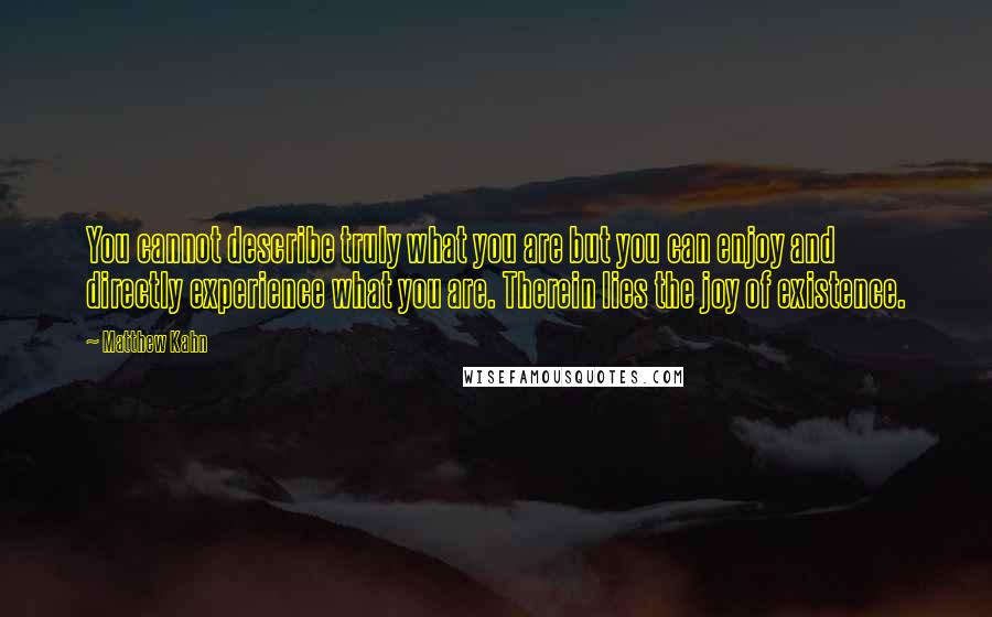 Matthew Kahn Quotes: You cannot describe truly what you are but you can enjoy and directly experience what you are. Therein lies the joy of existence.