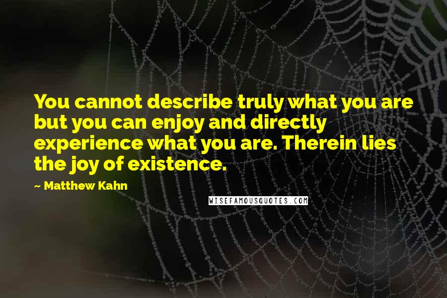 Matthew Kahn Quotes: You cannot describe truly what you are but you can enjoy and directly experience what you are. Therein lies the joy of existence.