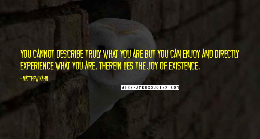 Matthew Kahn Quotes: You cannot describe truly what you are but you can enjoy and directly experience what you are. Therein lies the joy of existence.