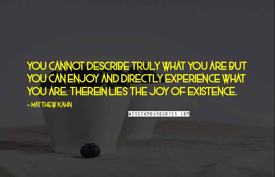 Matthew Kahn Quotes: You cannot describe truly what you are but you can enjoy and directly experience what you are. Therein lies the joy of existence.