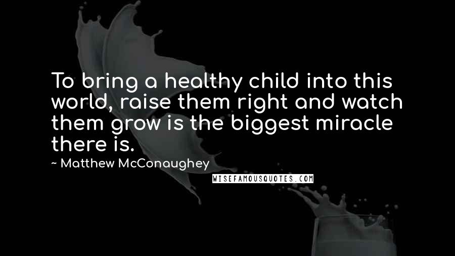 Matthew McConaughey Quotes: To bring a healthy child into this world, raise them right and watch them grow is the biggest miracle there is.