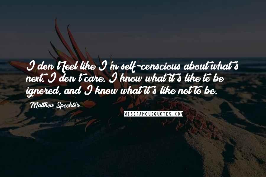 Matthew Specktor Quotes: I don't feel like I'm self-conscious about what's next. I don't care. I know what it's like to be ignored, and I know what it's like not to be.