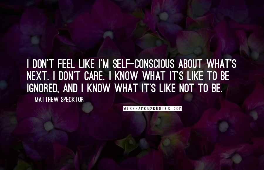 Matthew Specktor Quotes: I don't feel like I'm self-conscious about what's next. I don't care. I know what it's like to be ignored, and I know what it's like not to be.