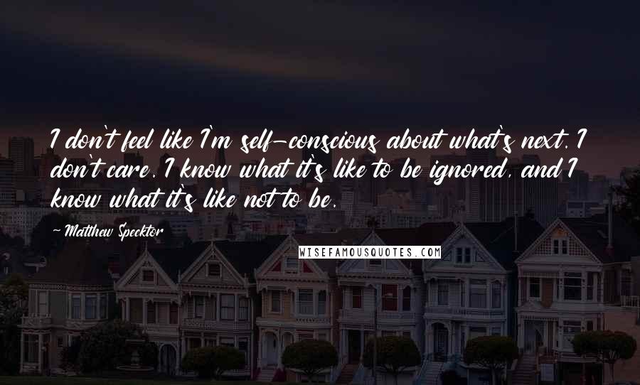 Matthew Specktor Quotes: I don't feel like I'm self-conscious about what's next. I don't care. I know what it's like to be ignored, and I know what it's like not to be.
