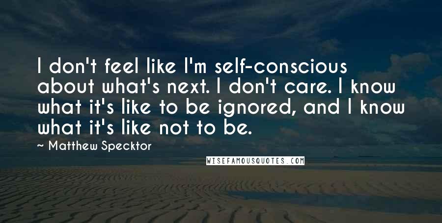 Matthew Specktor Quotes: I don't feel like I'm self-conscious about what's next. I don't care. I know what it's like to be ignored, and I know what it's like not to be.