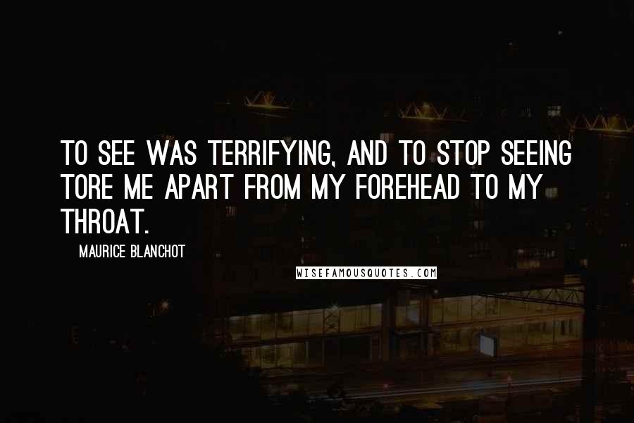 Maurice Blanchot Quotes: To see was terrifying, and to stop seeing tore me apart from my forehead to my throat.