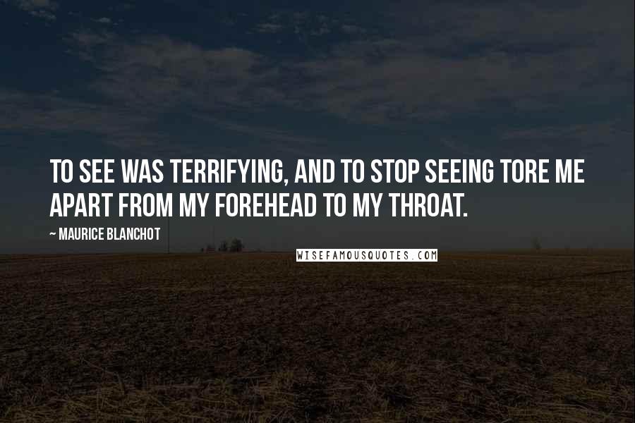 Maurice Blanchot Quotes: To see was terrifying, and to stop seeing tore me apart from my forehead to my throat.