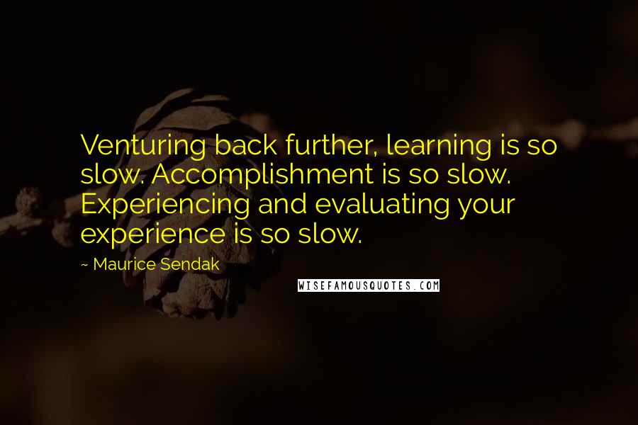 Maurice Sendak Quotes: Venturing back further, learning is so slow. Accomplishment is so slow. Experiencing and evaluating your experience is so slow.