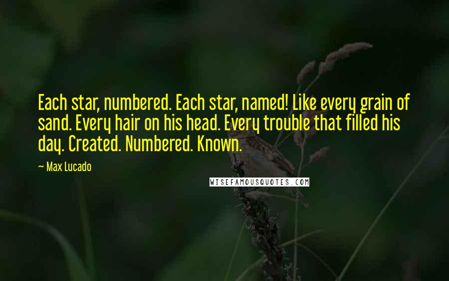 Max Lucado Quotes: Each star, numbered. Each star, named! Like every grain of sand. Every hair on his head. Every trouble that filled his day. Created. Numbered. Known.