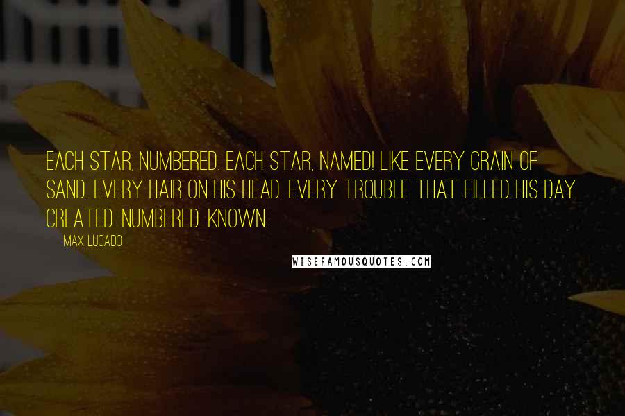 Max Lucado Quotes: Each star, numbered. Each star, named! Like every grain of sand. Every hair on his head. Every trouble that filled his day. Created. Numbered. Known.