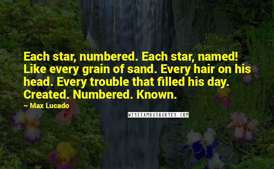 Max Lucado Quotes: Each star, numbered. Each star, named! Like every grain of sand. Every hair on his head. Every trouble that filled his day. Created. Numbered. Known.